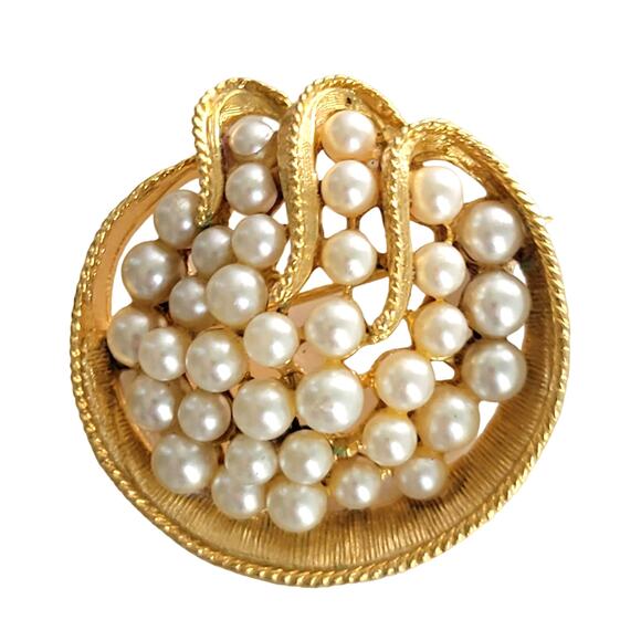 Vintage ART Arthur Pepper Brooch Gold Tone Round Faux Pearl Signed Rope Trim - Picture 1 of 7